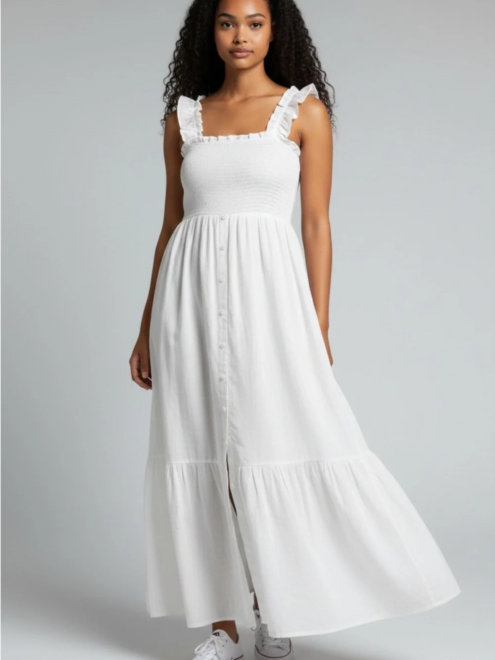 Venus Smocked Ruffle-Strap White Maxi Dress Size 8 - Picture 3 of 4